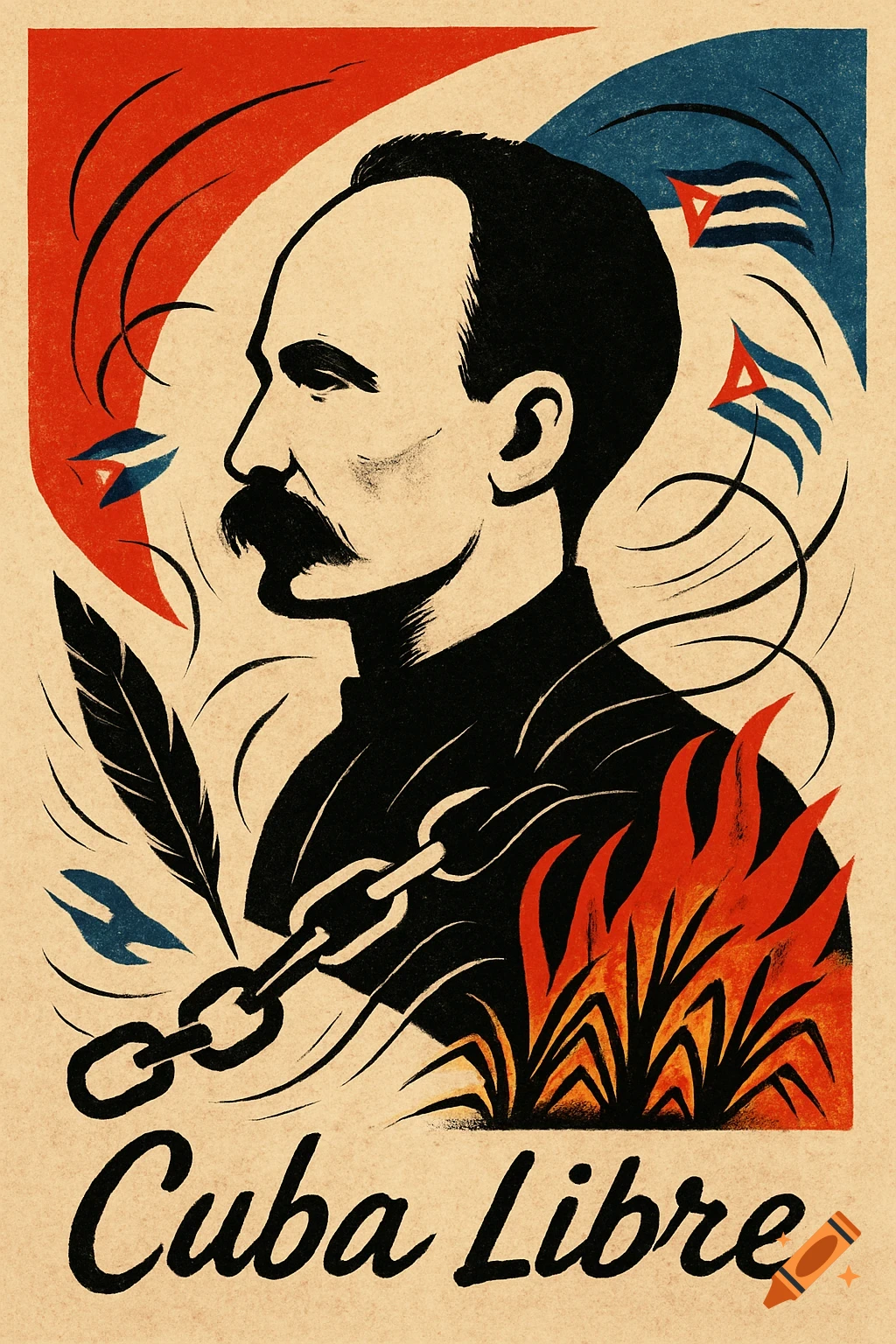 Stylized graphic poster of Jos Mart in profile, with a quill, broken chain, burning sugarcane, and 'Cuba Libre' text.