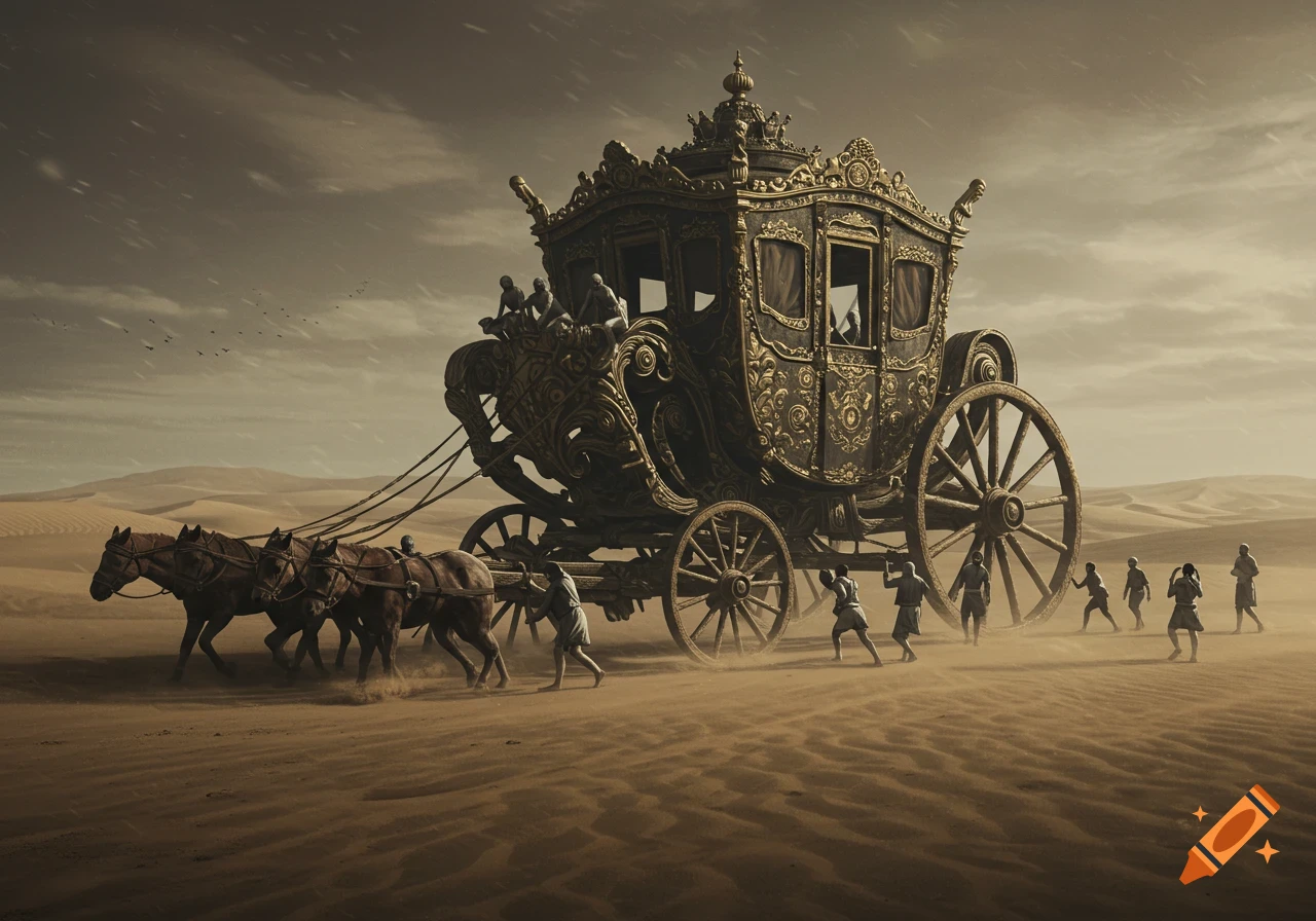 An ornate, massive coach pulled by four horses and several people struggling through a sandy, hilly desert under a dramatic sky.