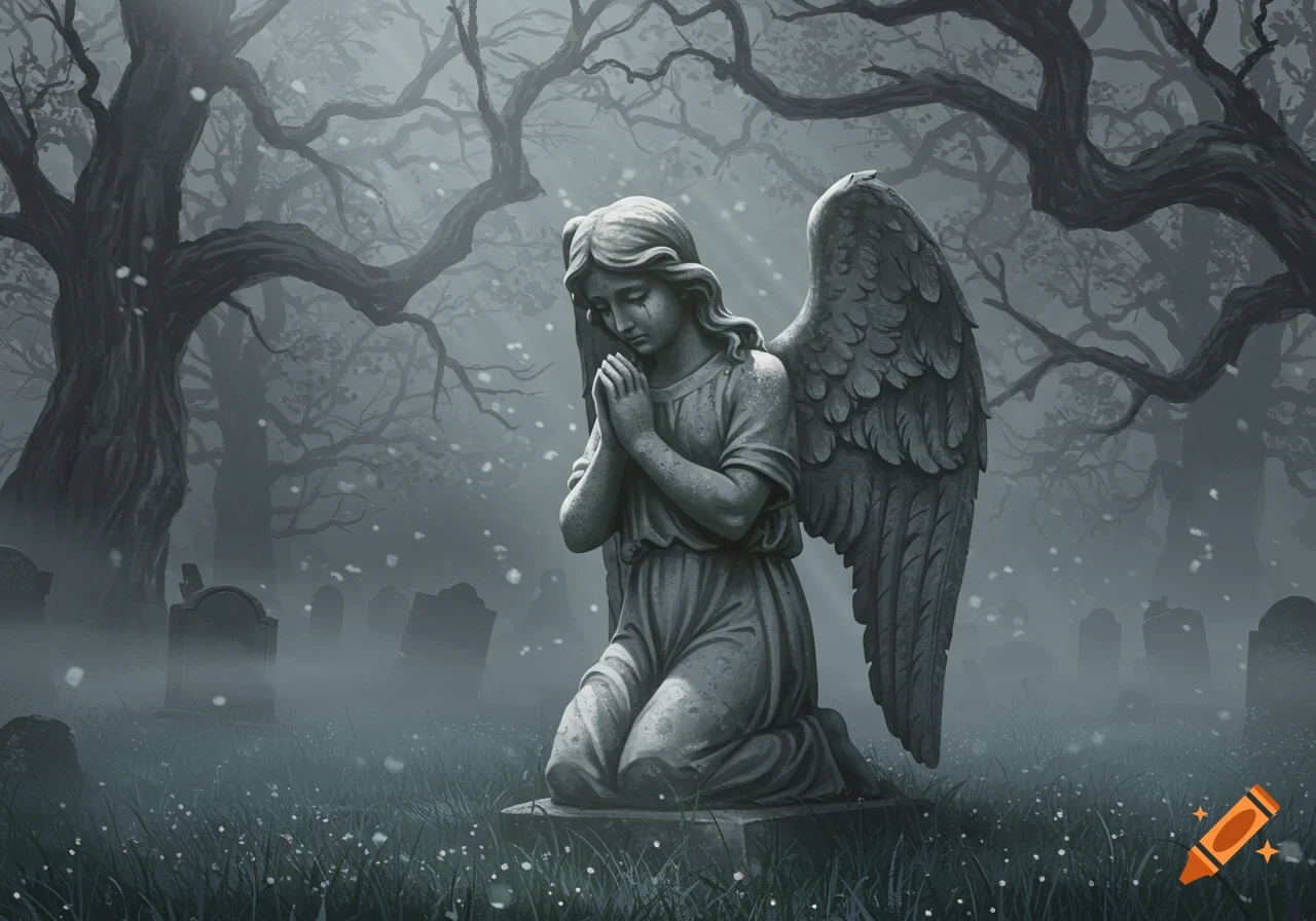 Stone angel statue kneeling and praying in a misty, tree-filled graveyard, with tombstones in the background.