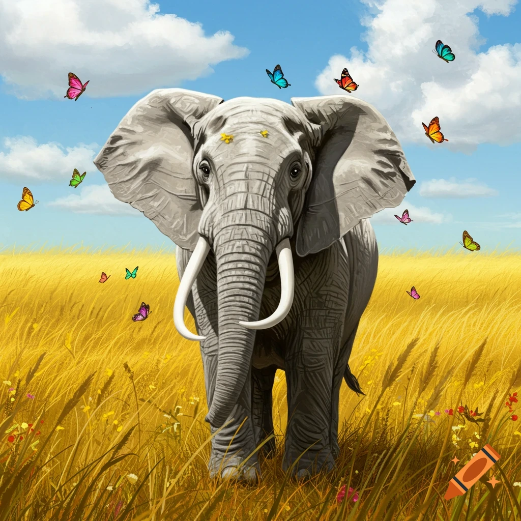A large grey elephant stands in a golden field under a blue sky, surrounded by colorful butterflies, in a vibrant digital painting style.