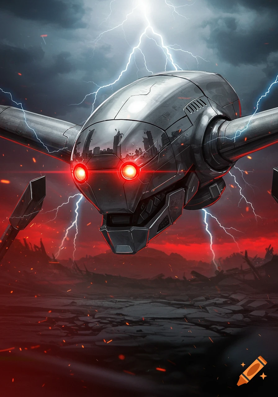 A futuristic metallic drone with glowing red eyes hovers over a red-tinged apocalyptic landscape under a stormy sky with lightning.