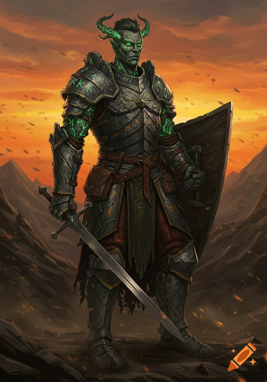 A male earth genasi paladin in glowing runic armor holds a sword and shield against a fiery sunset, in the style of The Witcher.