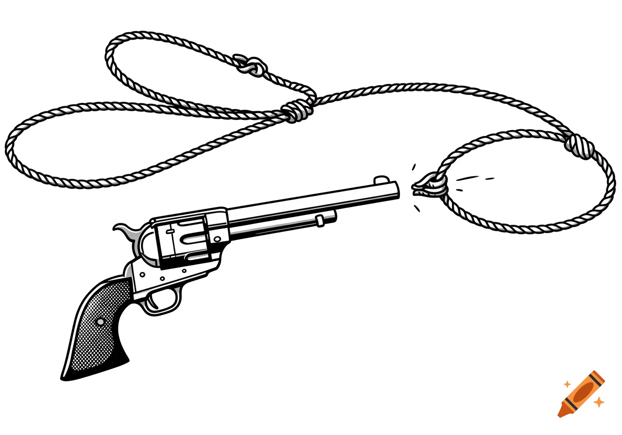 A black and white cartoon-style line drawing of a revolver firing a cowboy lasso.