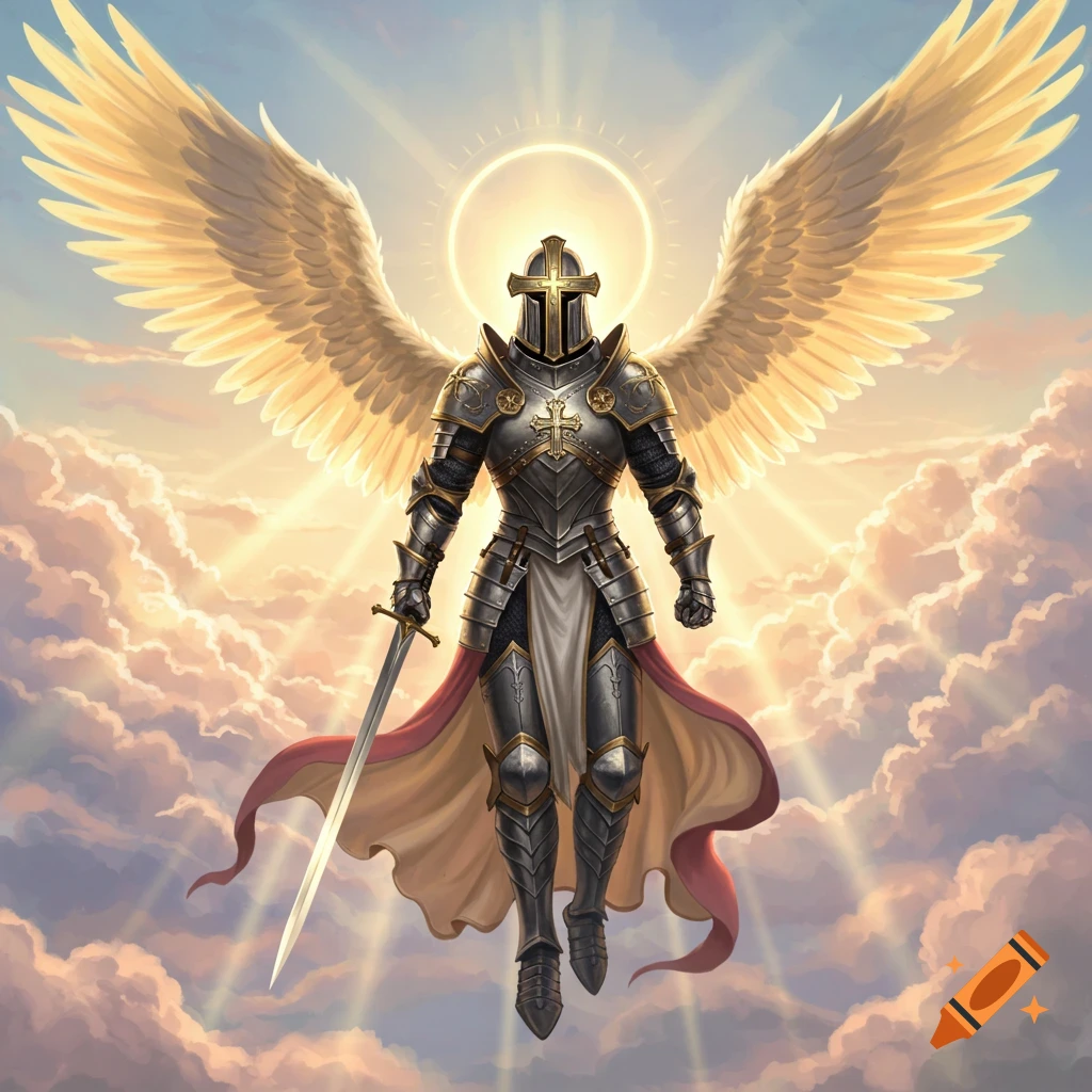 An armored angel warrior with large golden wings and a halo, holding a sword, floats among sunlit clouds.