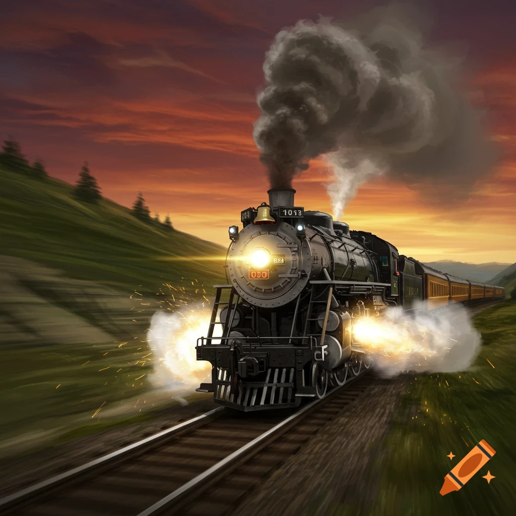 A vintage steam train with a bright headlight speeds down tracks through a green landscape at sunset, emitting smoke and sparks.