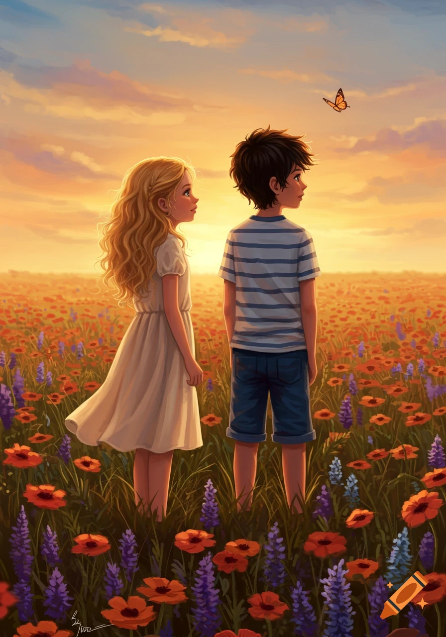 Illustrated scene of a boy and a girl standing in a vibrant field of red and purple flowers at sunset, watching a butterfly.