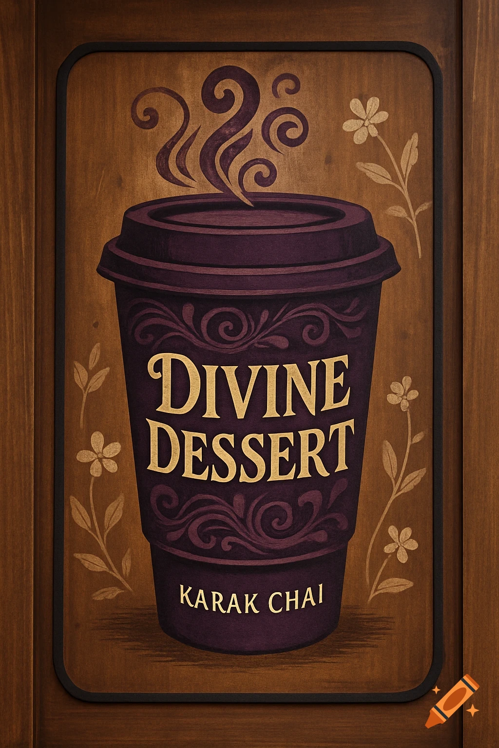 A purple coffee cup sign with 'Divine Dessert Karak Chai' on a wooden background with floral patterns.