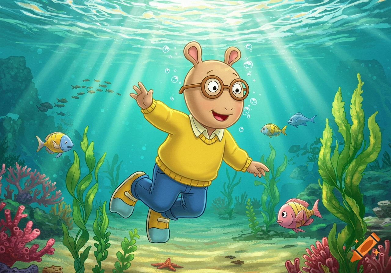 Arthur Read, a cartoon aardvark, swims underwater among colorful fish and coral reefs with sunlight streaming from above.