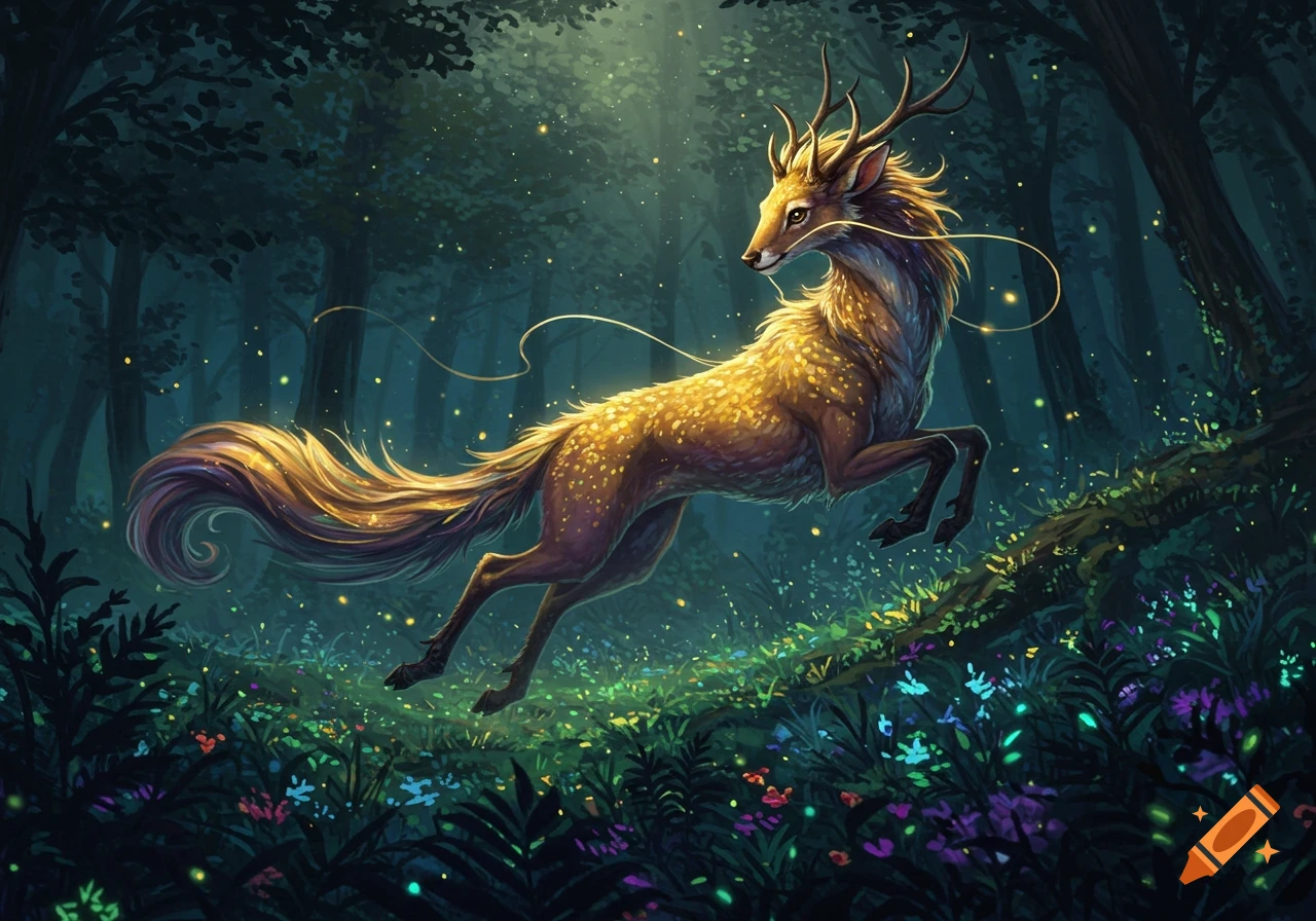 A glowing, golden deer-like creature with antlers leaps through a dark, magical forest filled with colorful, luminous plants and fireflies.