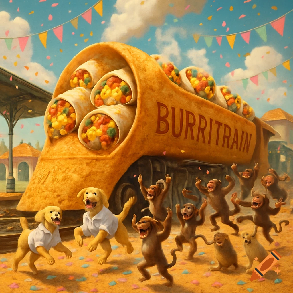 A whimsical train made of burritos, labeled 'BURRITRAIN', with dogs and monkeys celebrating around it, amidst confetti.