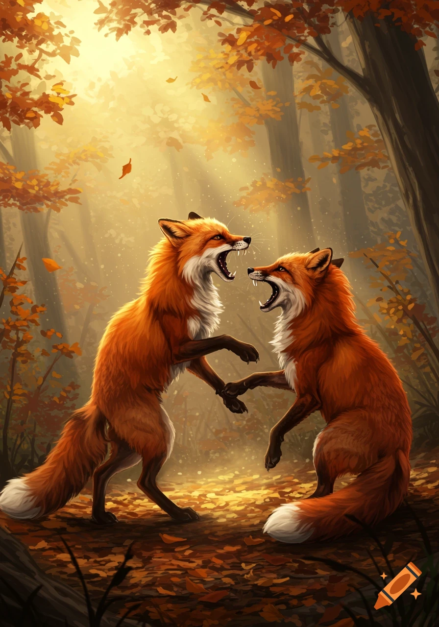 Two orange foxes stand upright, facing each other with open mouths, surrounded by autumn leaves in a sunlit forest. Digital art style.