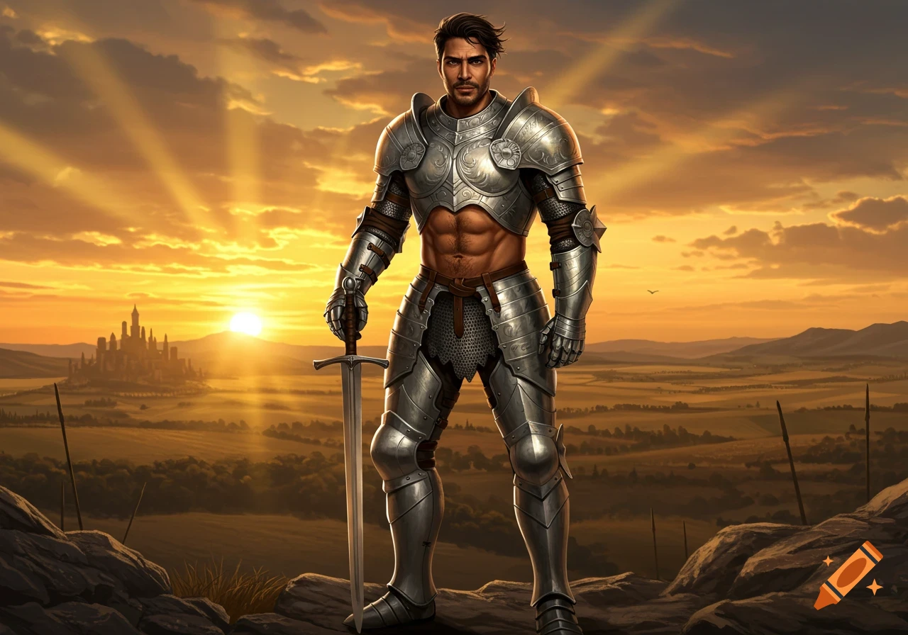 A knight in silver armor with a sword stands on a rocky hill overlooking a castle at sunset. Photorealistic.