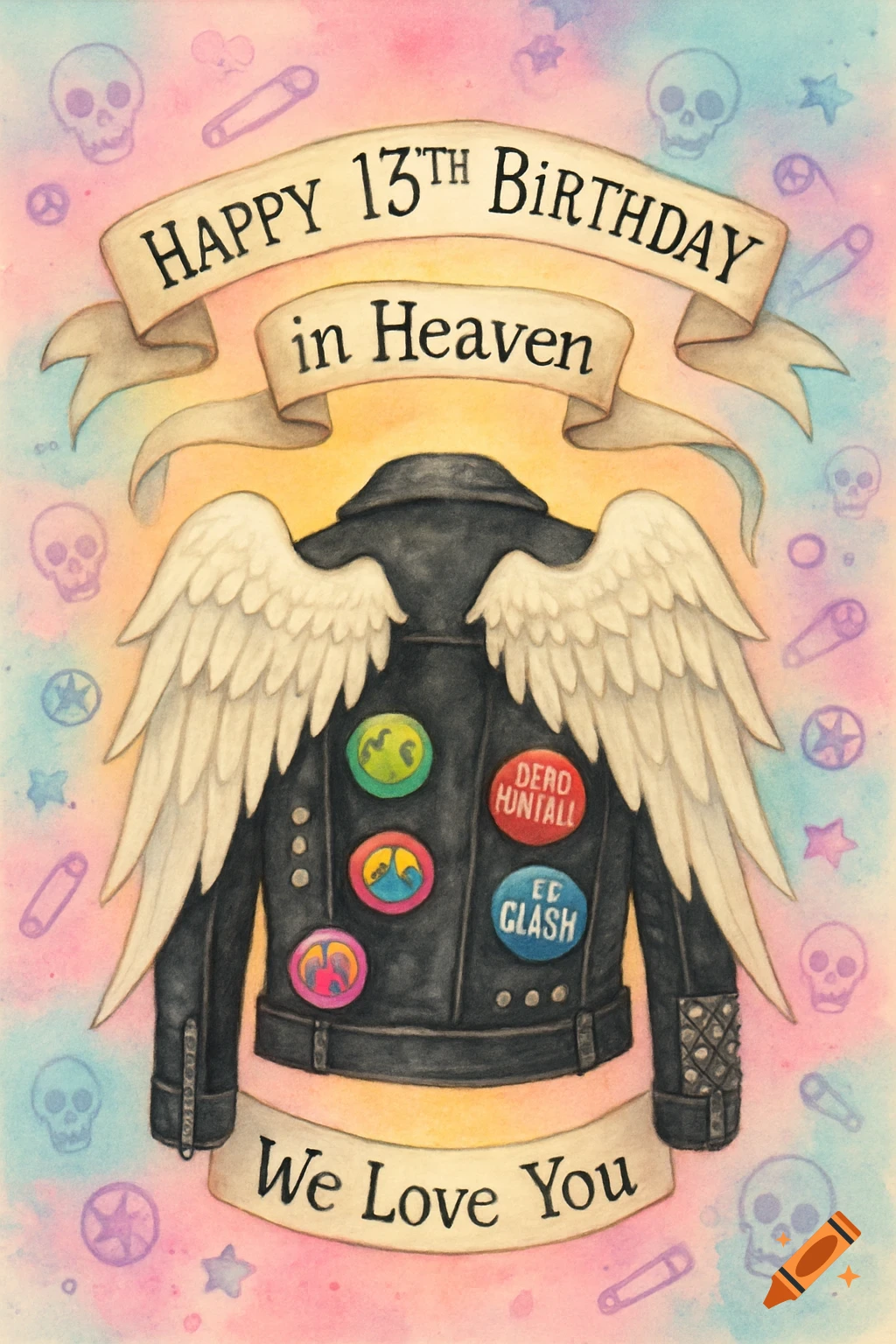 Watercolor illustration of a black punk rock leather jacket with white angel wings and band pins, with banners reading 'Happy 13th Birthday in Heaven' and 'We Love You' on a pastel background with skulls.