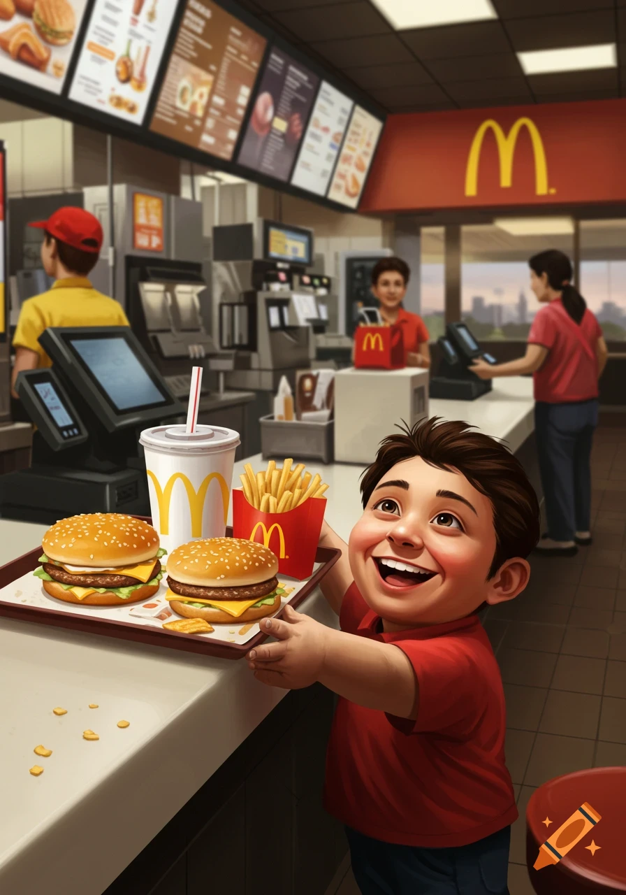 A happy child holds a tray with two cheeseburgers, fries, and a drink at a McDonald's counter, looking up and smiling.