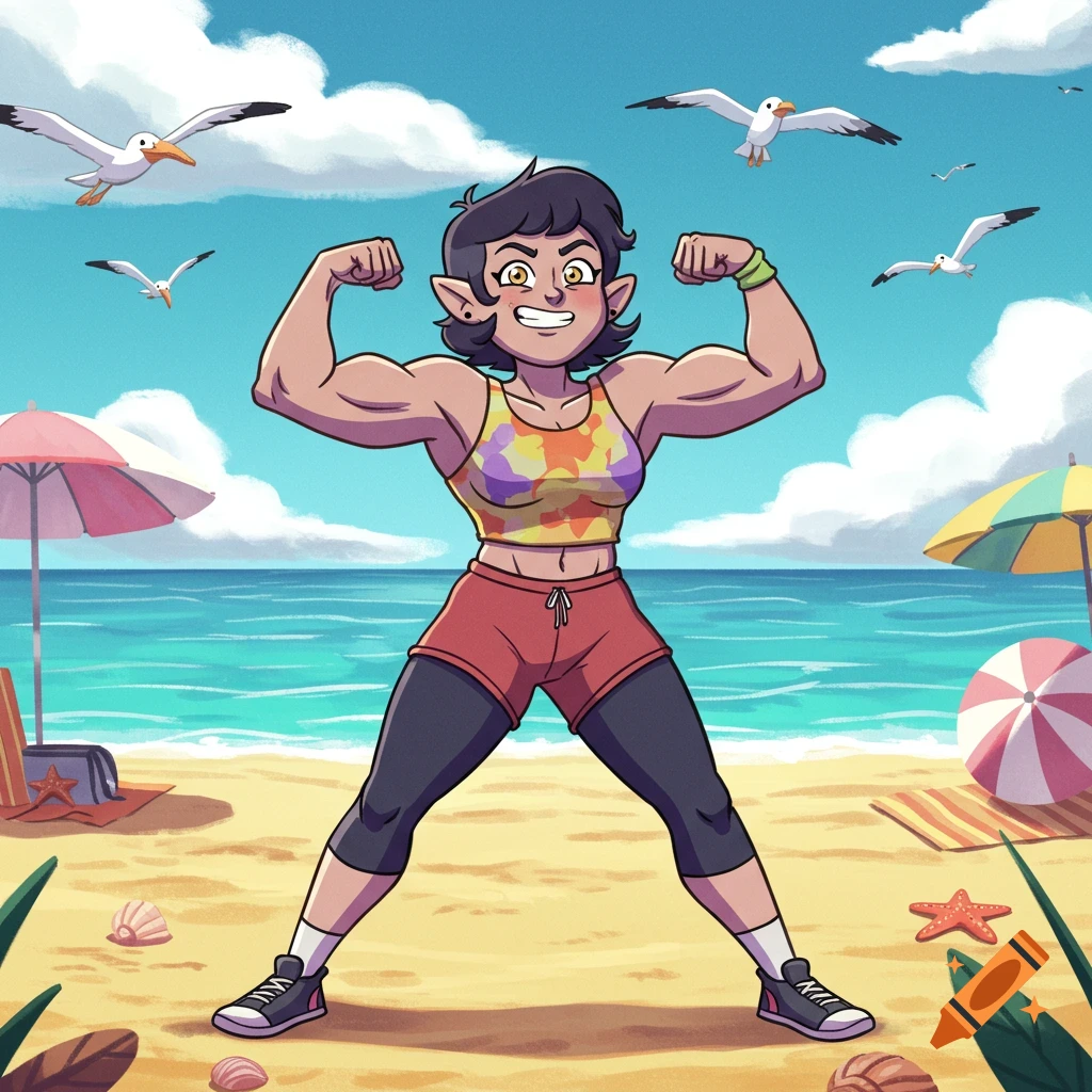 Cartoon illustration of Willow's mom from The Owl House flexing muscles on a sunny beach with seagulls and umbrellas.