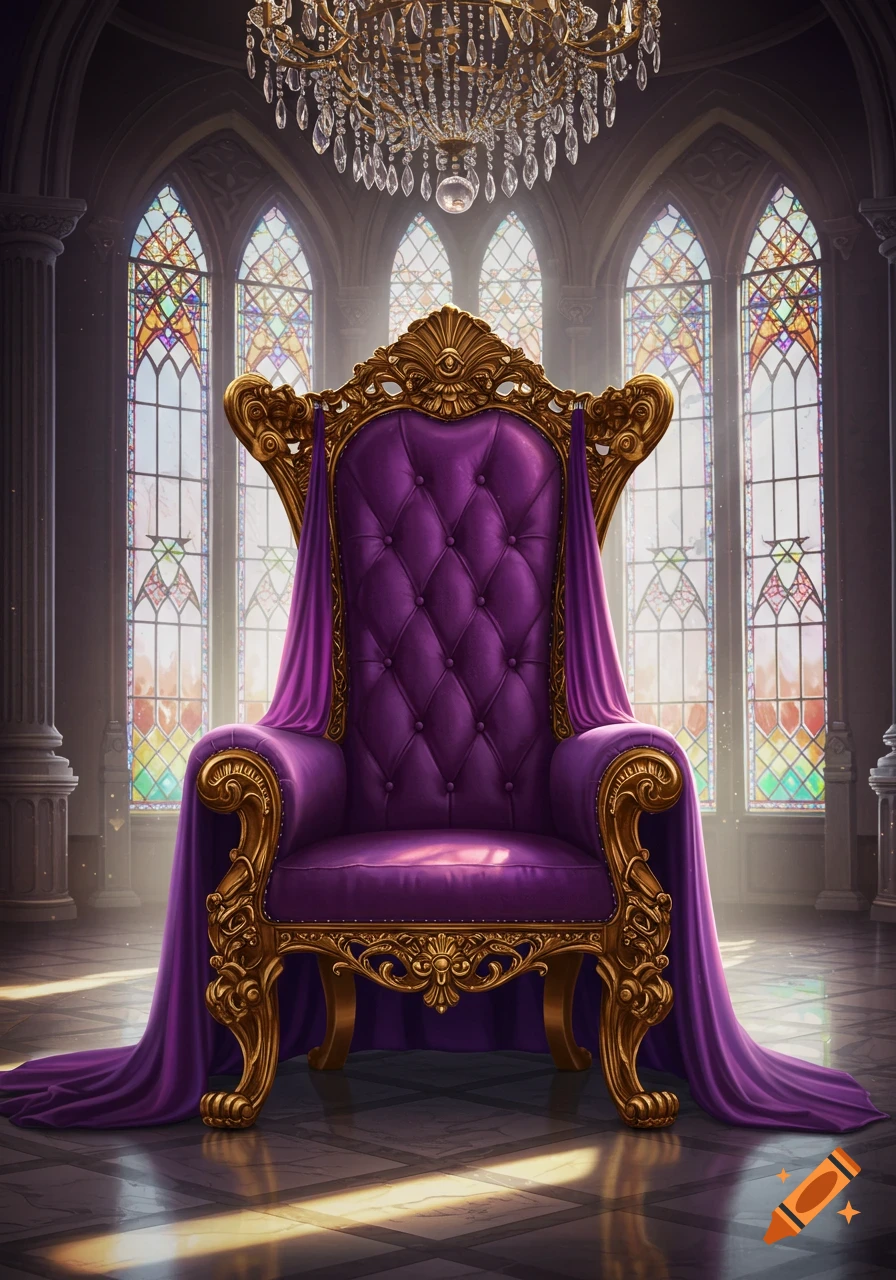 A regal purple and gold throne stands in a grand hall with towering stained-glass windows and a crystal chandelier.