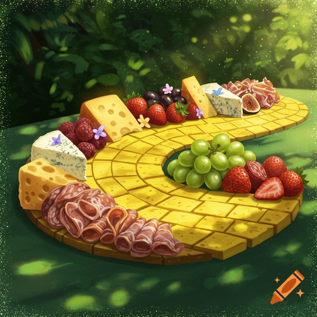 A whimsical charcuterie board designed like a yellow brick road, laden with cheeses, cured meats, fruits, and flowers, set in a magical green forest.