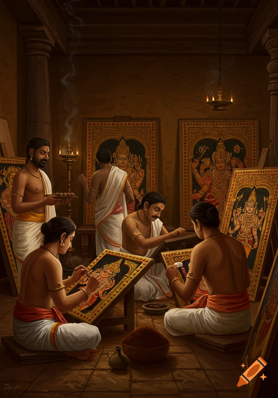 Several South Asian men in a dimly lit workshop meticulously painting intricate traditional religious artworks, likely Tanjore paintings.