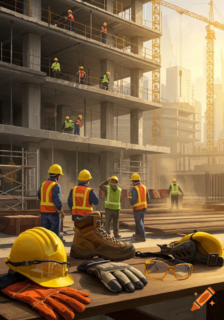 A busy construction site at sunset with workers on a building and safety equipment like hard hats, boots, and gloves in the foreground.