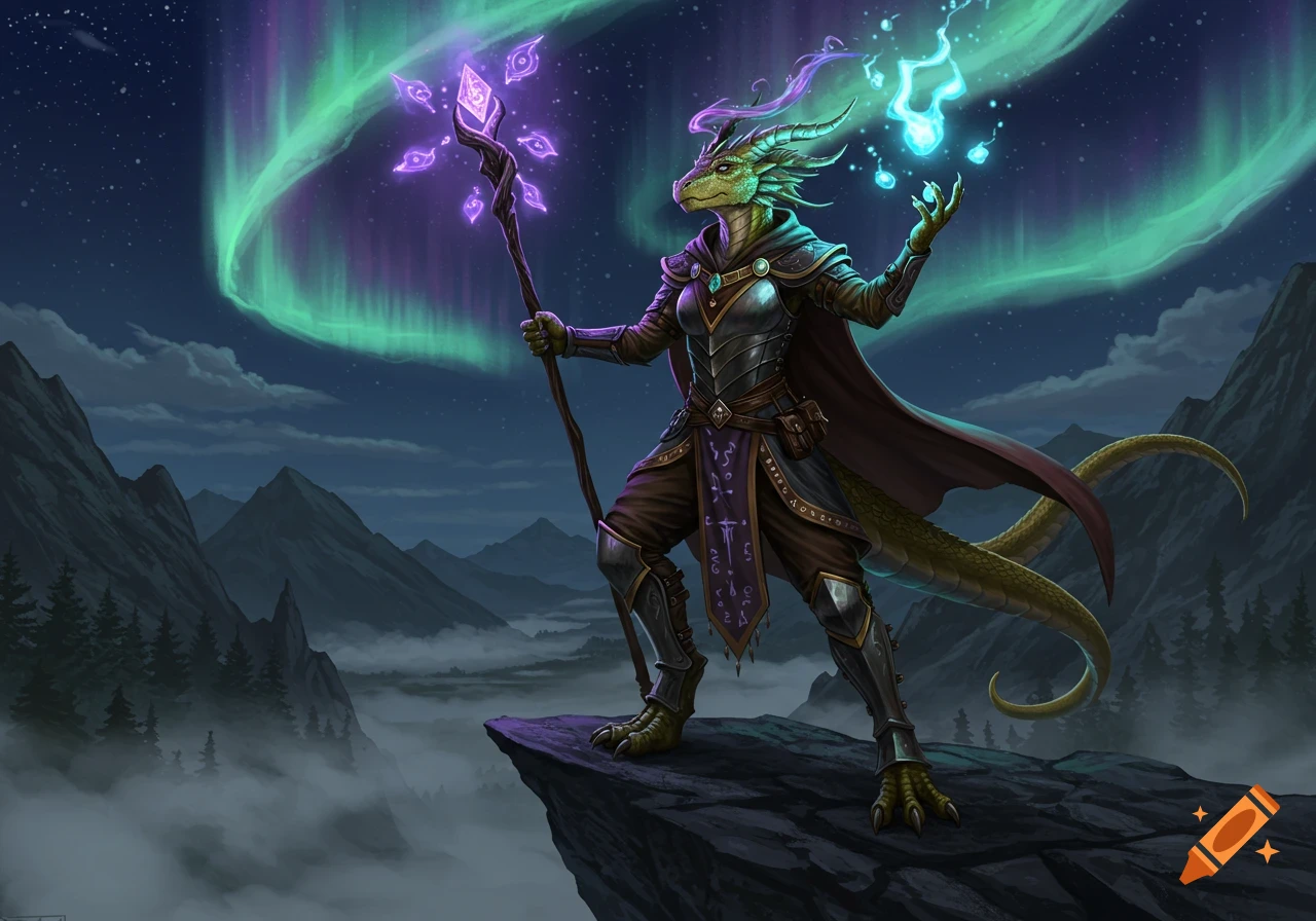 A green dragonborn sorceress in armor casts spells on a mountain peak at night, with aurora borealis in the sky.