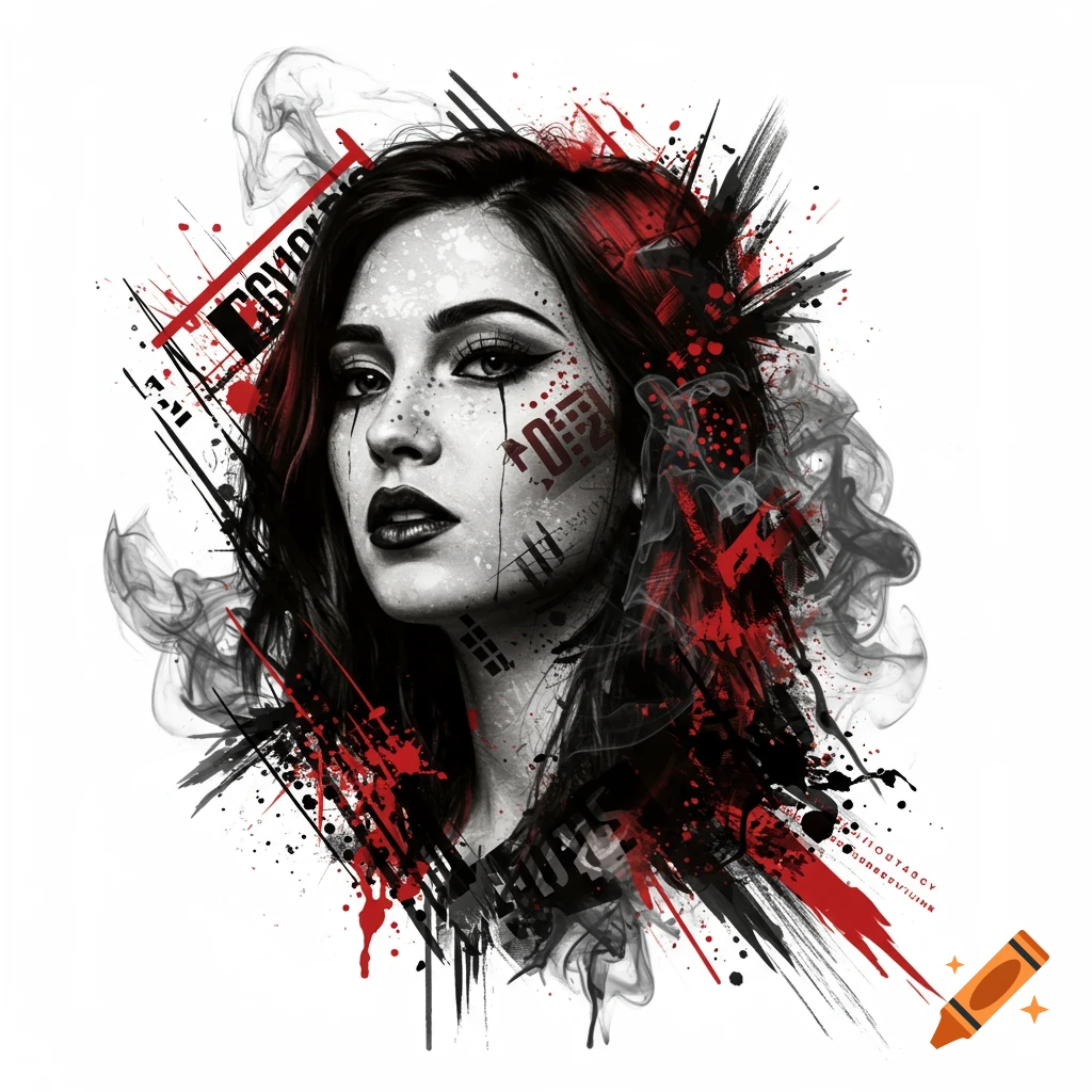 A stylized black and white portrait of a woman with long hair, featuring bold red and black abstract splatters, lines, and smoke effects.
