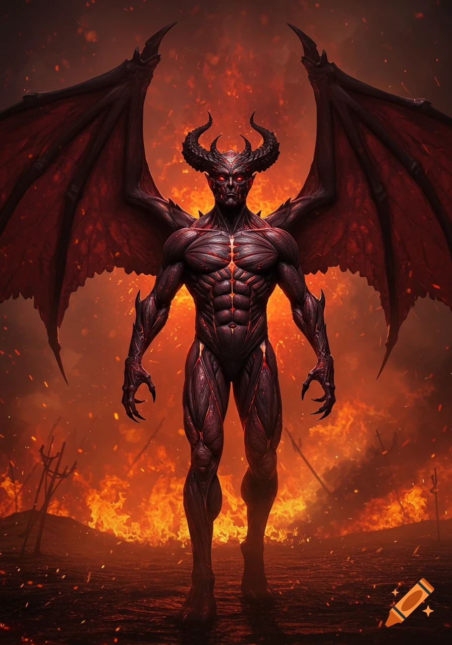 A muscular, horned demon with large wings stands in a fiery, hellish landscape.