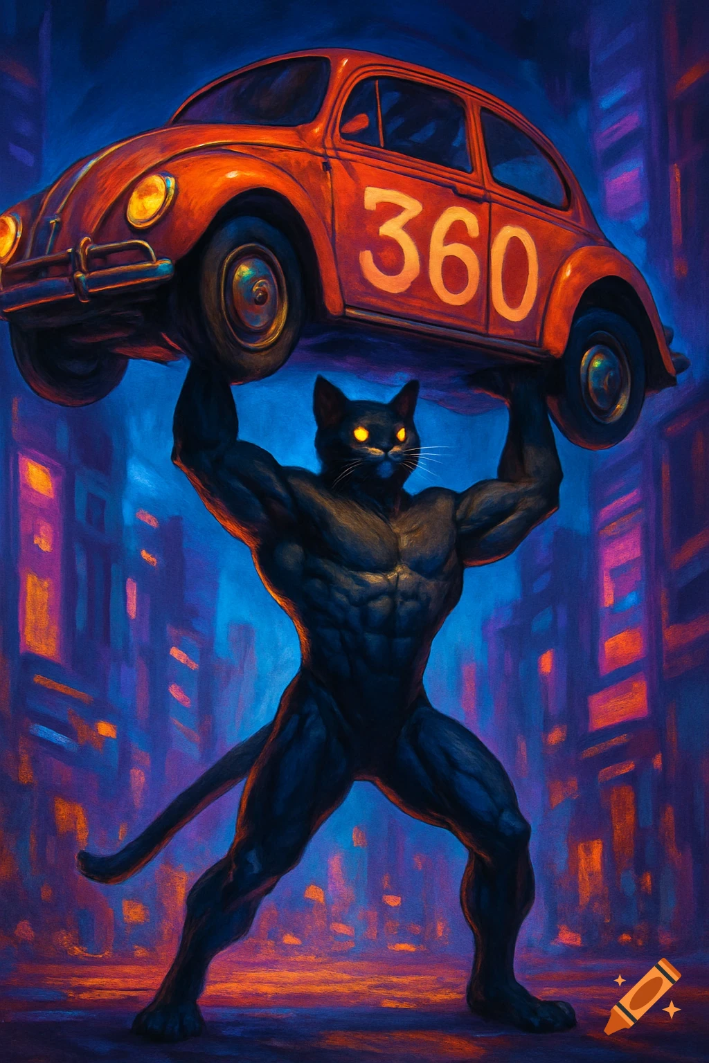 A muscular black cat with glowing yellow eyes holds a red Volkswagen Beetle car with "360" on its side, standing in a stylized city at night.