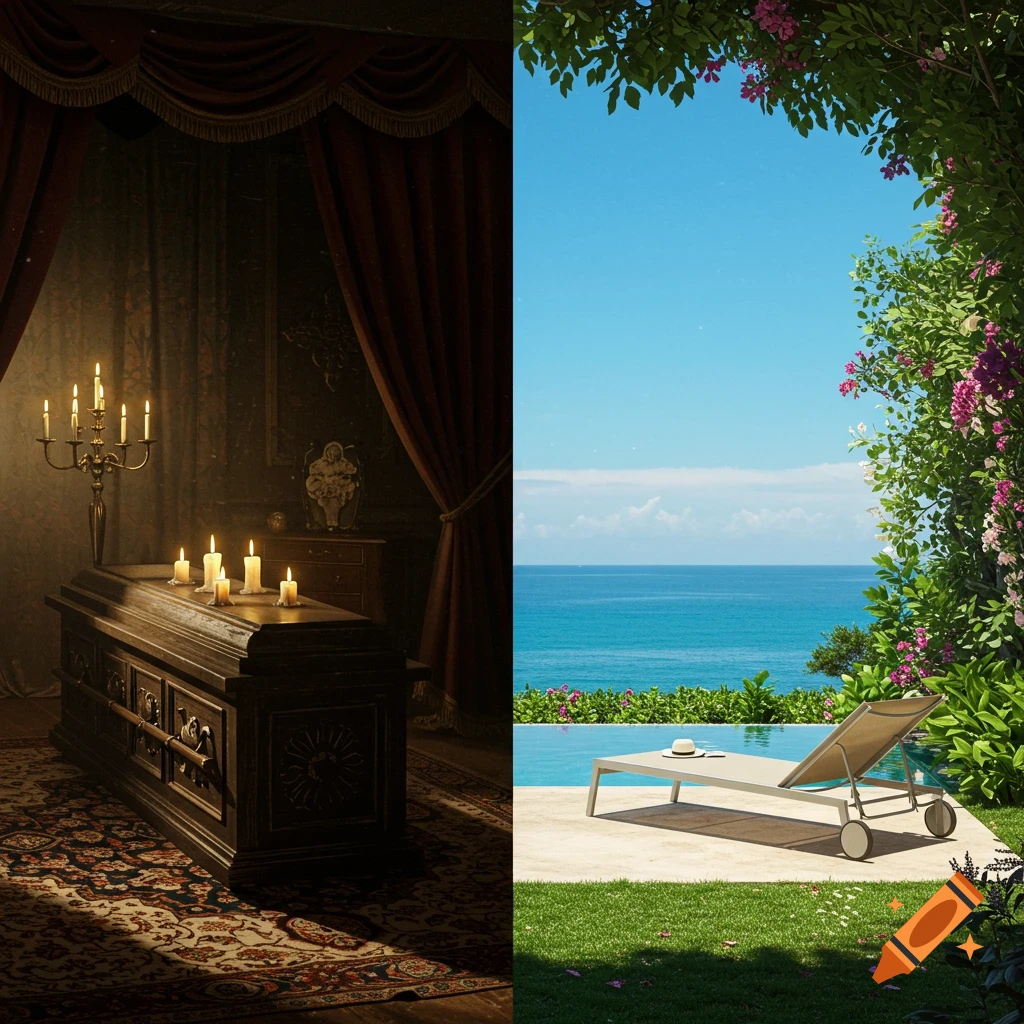 A vertical split image, with a dark gothic room featuring a coffin and candles on the left, and a bright, luxurious beach resort with a pool and lounge chair on the right.