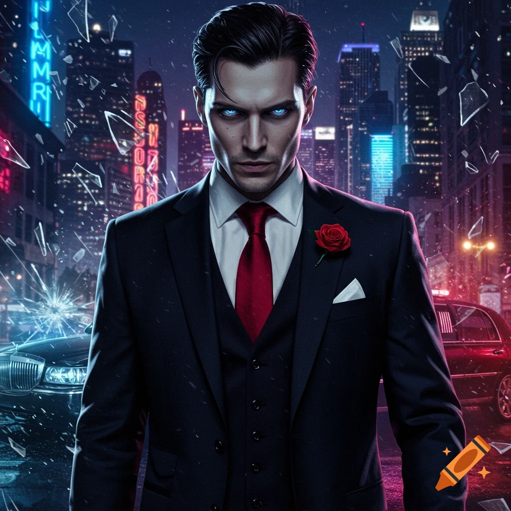 A dark, mysterious man with glowing blue eyes and slicked-back hair wears a black suit with a red tie and rose, standing amidst shattered glass in a neon city night with a crashed limousine.