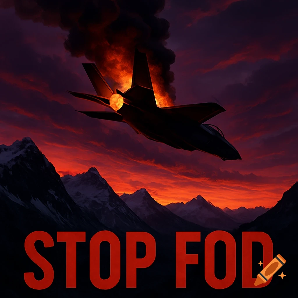 A F-35 fighter jet engulfed in flames and smoke, flying over mountains at sunset. Red text at the bottom reads 'STOP FOD'.