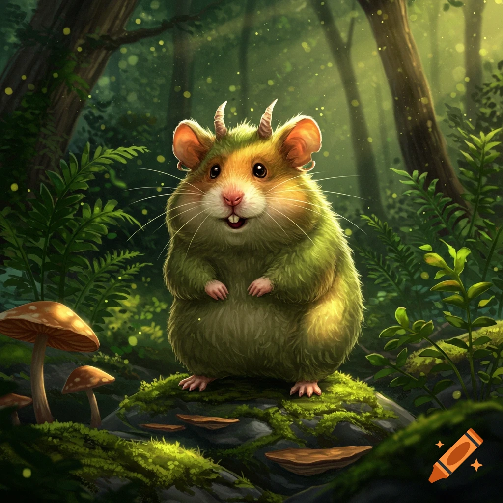 A cute, fluffy green and brown hamster with small horns stands on a mossy rock in a magical forest with glowing fireflies.