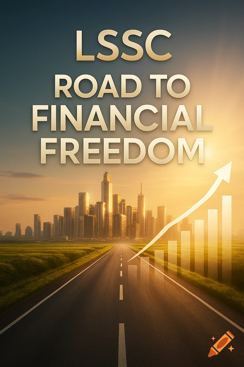 A road leads towards a modern cityscape at sunset, with a financial growth chart and text 'LSSC ROAD TO FINANCIAL FREEDOM'.