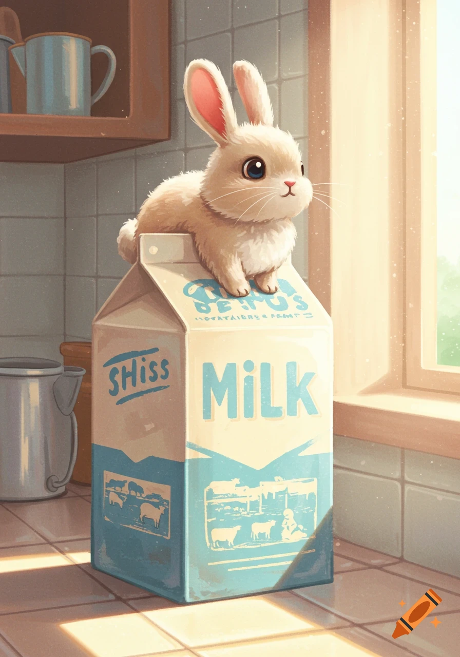 A cute fluffy bunny sits on top of a milk carton in a sunlit kitchen.