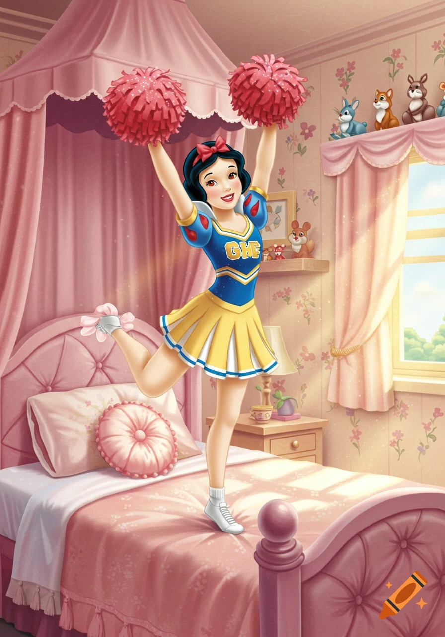 Snow White as a cheerleader holds red pom-poms, standing on a pink bed in a colorful, girly bedroom, in a cartoon style.