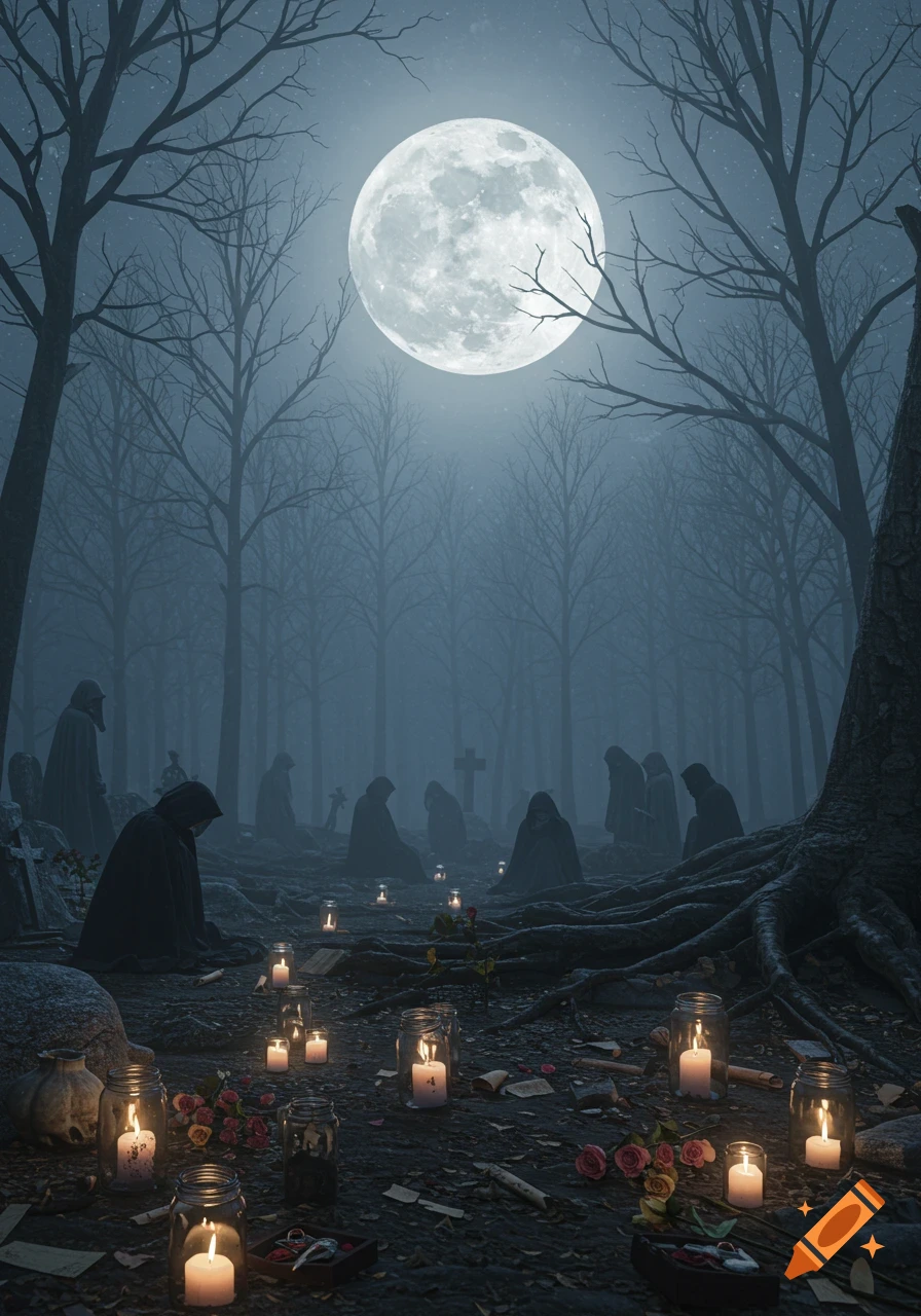 A dark, misty forest at night under a large full moon, with cloaked figures gathered among bare trees, gravestones, and flickering candles on the ground.
