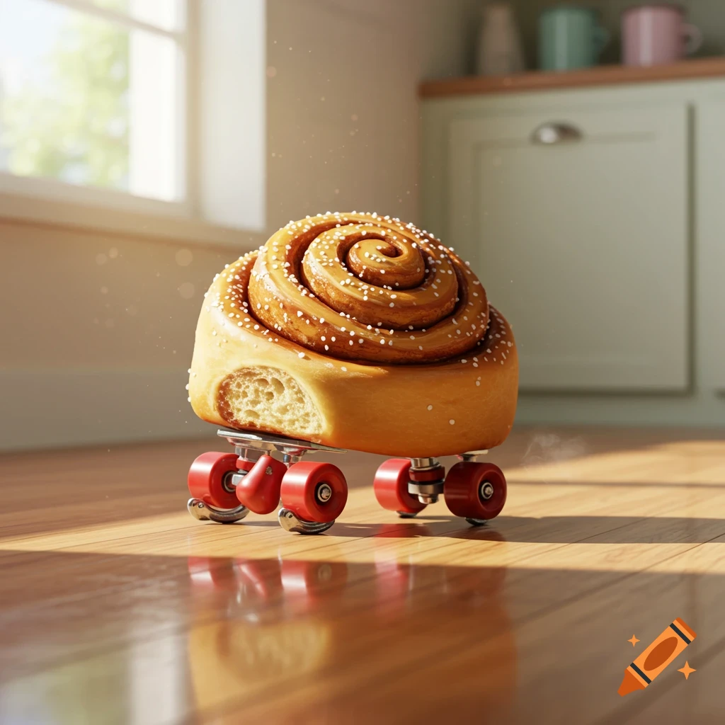 A photorealistic cinnamon roll with white icing on roller skates sits on a sunny wooden kitchen floor.