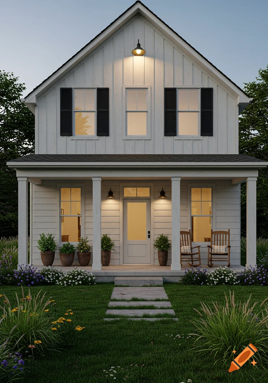 A photorealistic front view of a small modern farmhouse with a porch, garden, and lights on at dusk.