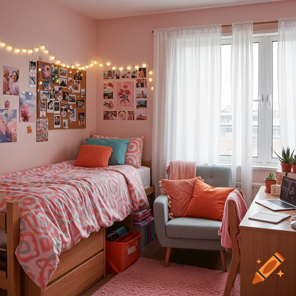 A cozy pink dorm room with a bed, cork board, string lights, gray armchair, and wooden desk with a laptop. Accents of orange and blue pillows are visible.