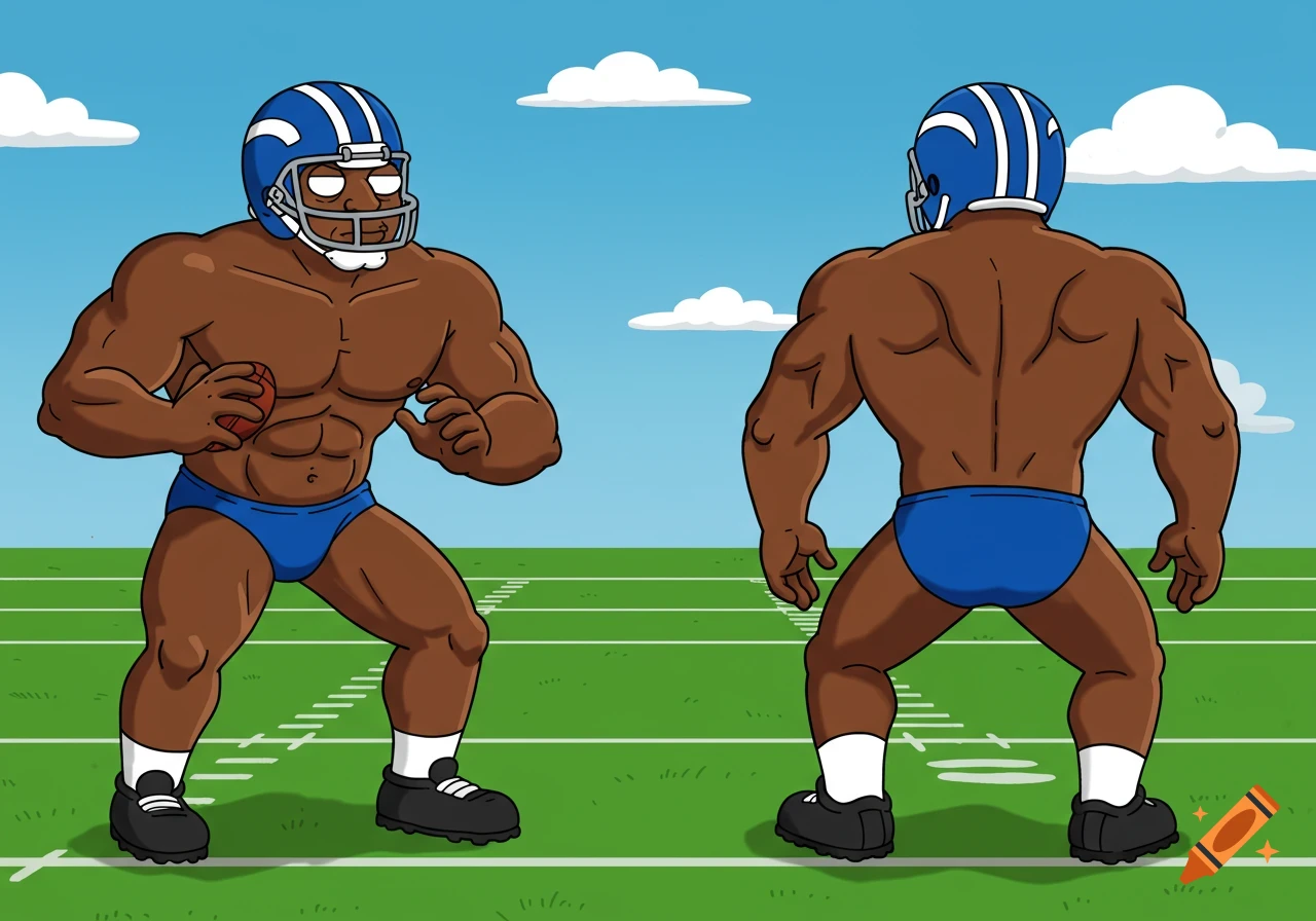 A muscular, dark-skinned cartoon man in a blue speedo and football helmet, viewed from front and back on a football field.