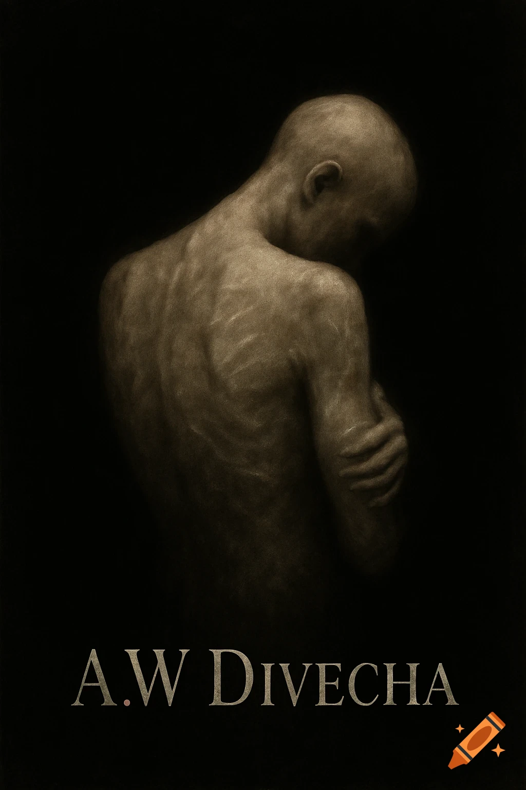 A dark, sepia-toned image of a bald figure from behind, embracing themselves. Faint marks are visible on their back. The name 'A.W Divecha' is at the bottom.