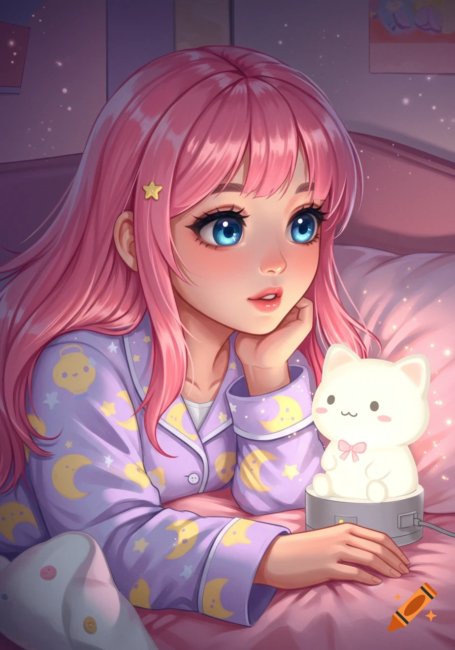 An anime girl with long pink hair and big blue eyes lies on a pink bed in pastel purple pajamas, looking at a white cat night light.