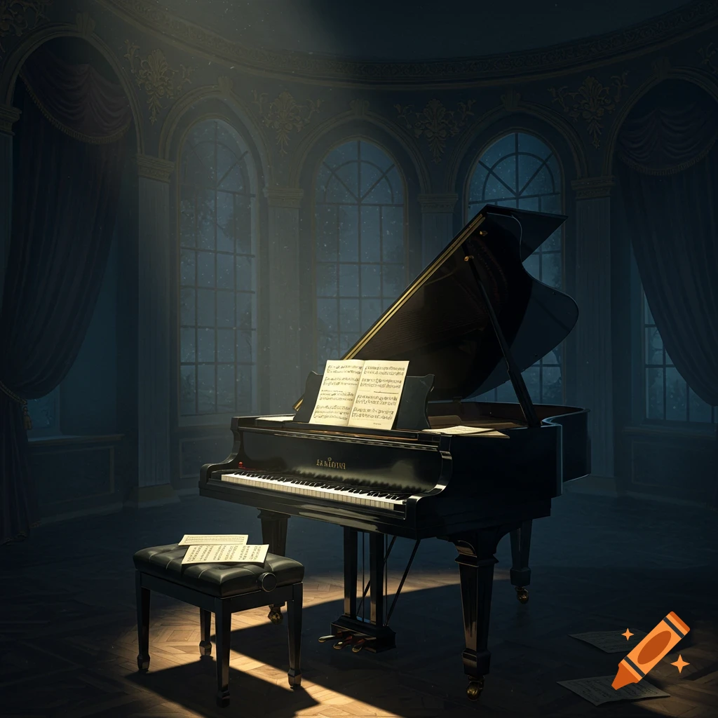 A grand piano with sheet music in a dimly lit, ornate room with tall arched windows, bathed in a spotlight.