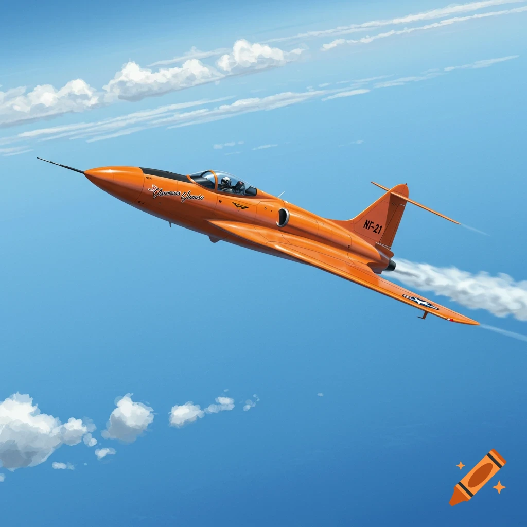 An orange jet aircraft, resembling the Bell X-1, flies through a blue sky with scattered clouds.