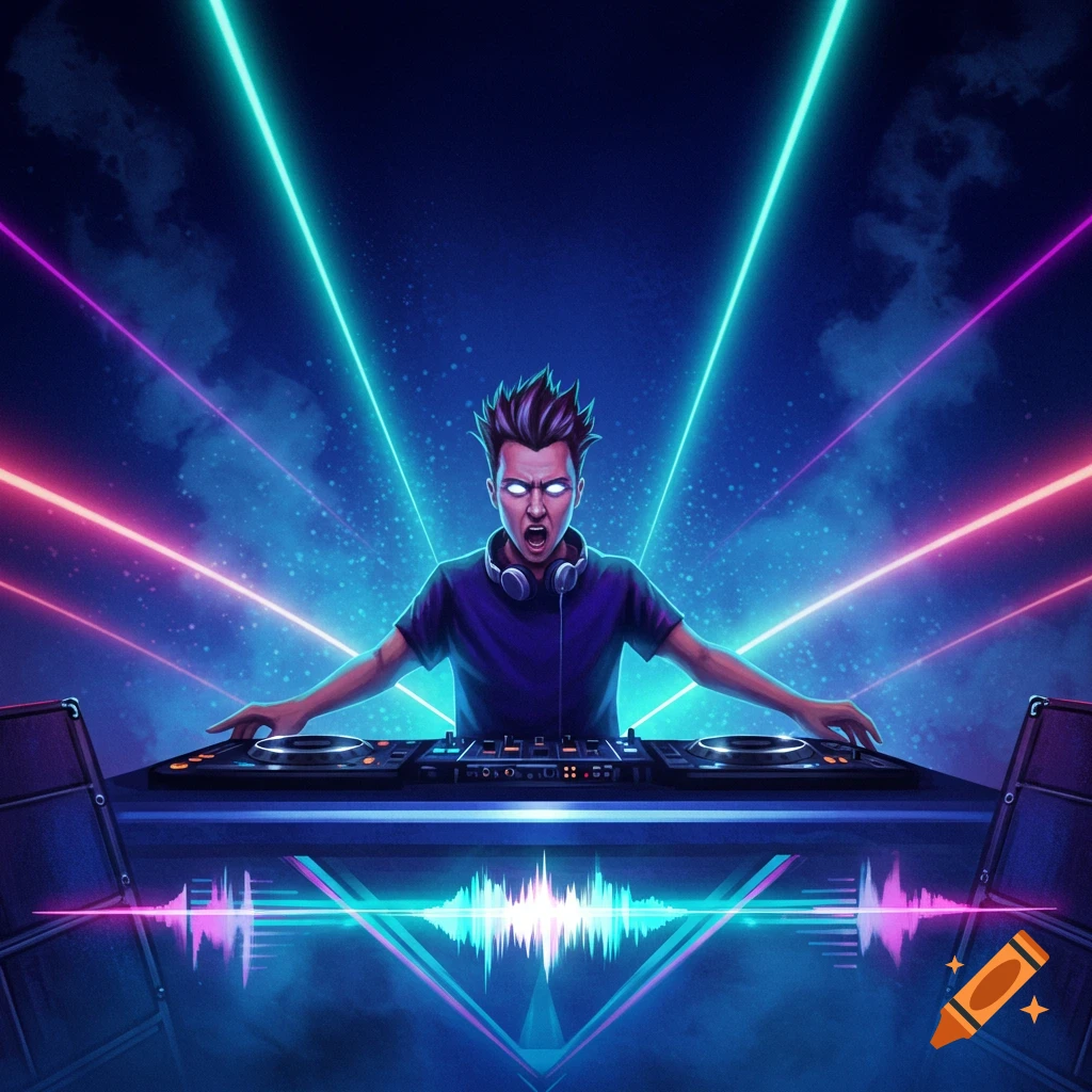 A male DJ with spiked hair and glowing white eyes at a turntable, surrounded by vibrant neon laser beams in a dark, stylized setting.