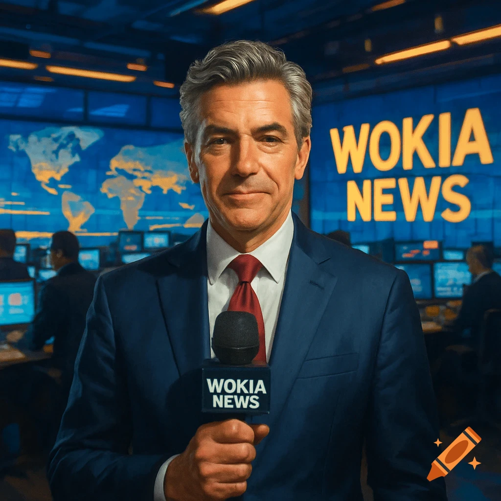A male news reporter in a suit holds a microphone in a studio with 'WOKIA NEWS' on a screen.