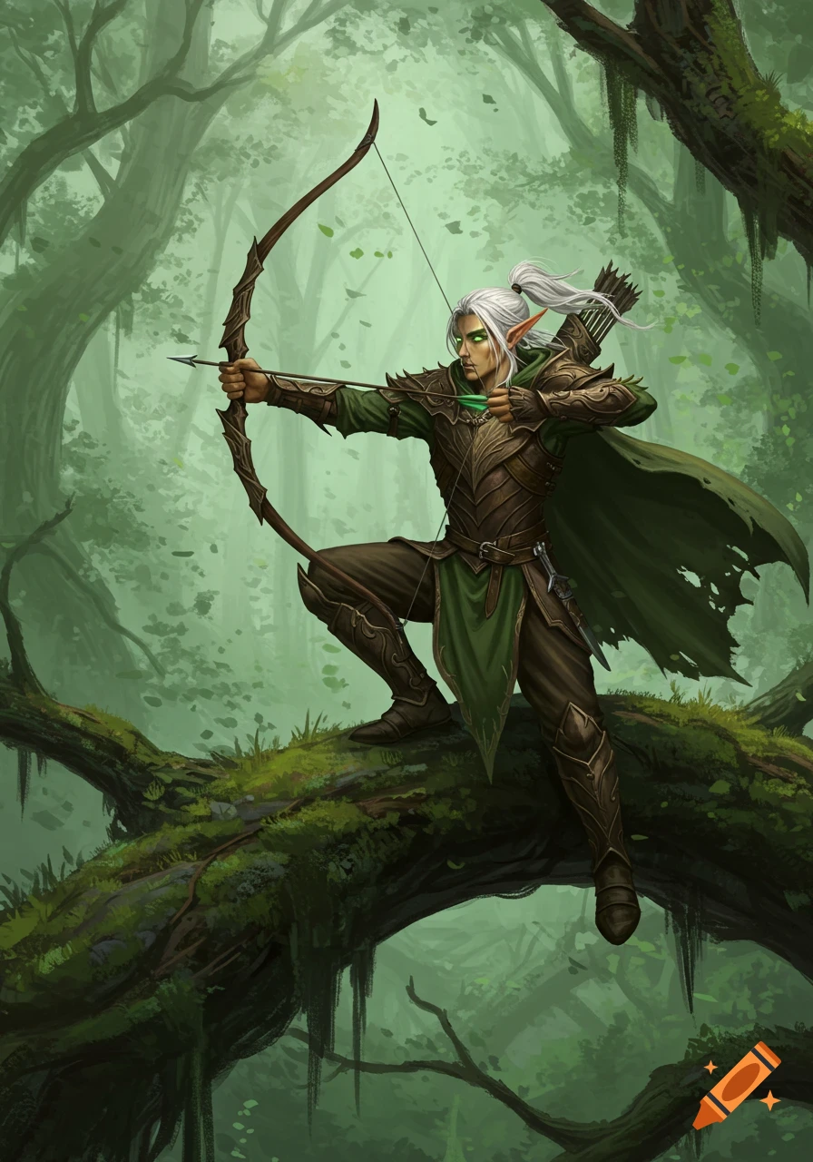 A male elf ranger with white hair, green eyes, and intricate armor, poised with a drawn bow on a mossy tree branch in a mystical forest.