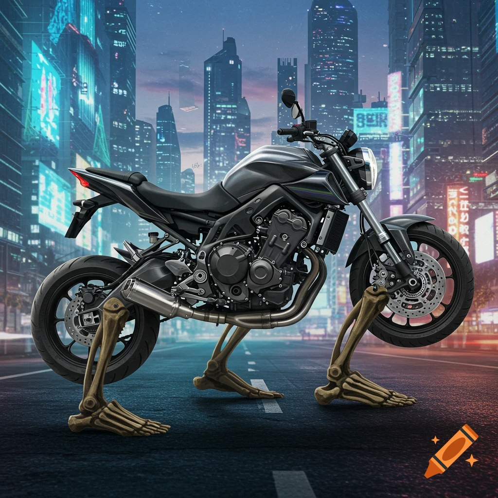 A black motorcycle stands on four skeletal human legs on a dark street, with a futuristic cyberpunk city skyline with neon lights in the background.