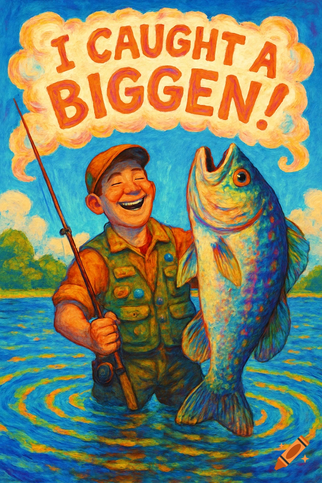 A man joyfully holds a large fish he caught while standing in the water, with text above him saying 'I CAUGHT A BIGGEN!' in a colorful, painterly style.
