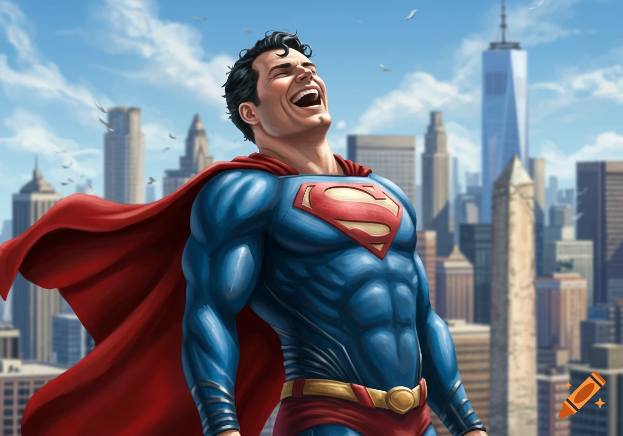 Superman flying over a city, head tilted back, laughing joyfully with his mouth wide open.