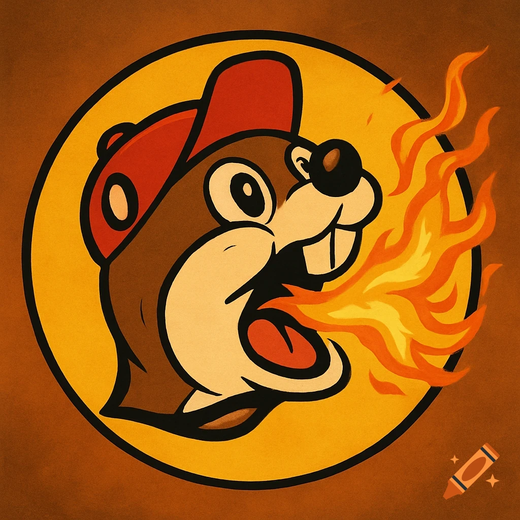 A cartoon beaver logo wearing a red hat, breathing orange and yellow flames from its mouth, set against a gold circle.